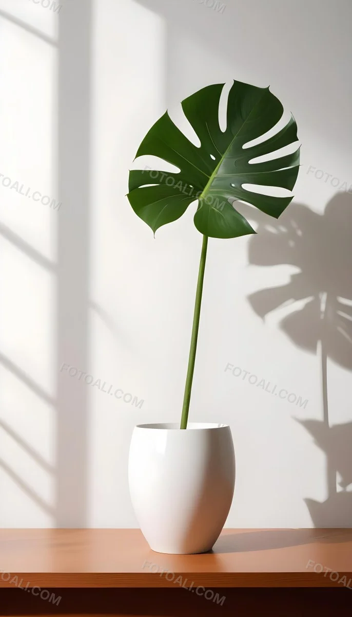 A Monstera Leaf In A White Vase The Background Is A White Wall With A Shadow 13 E39c