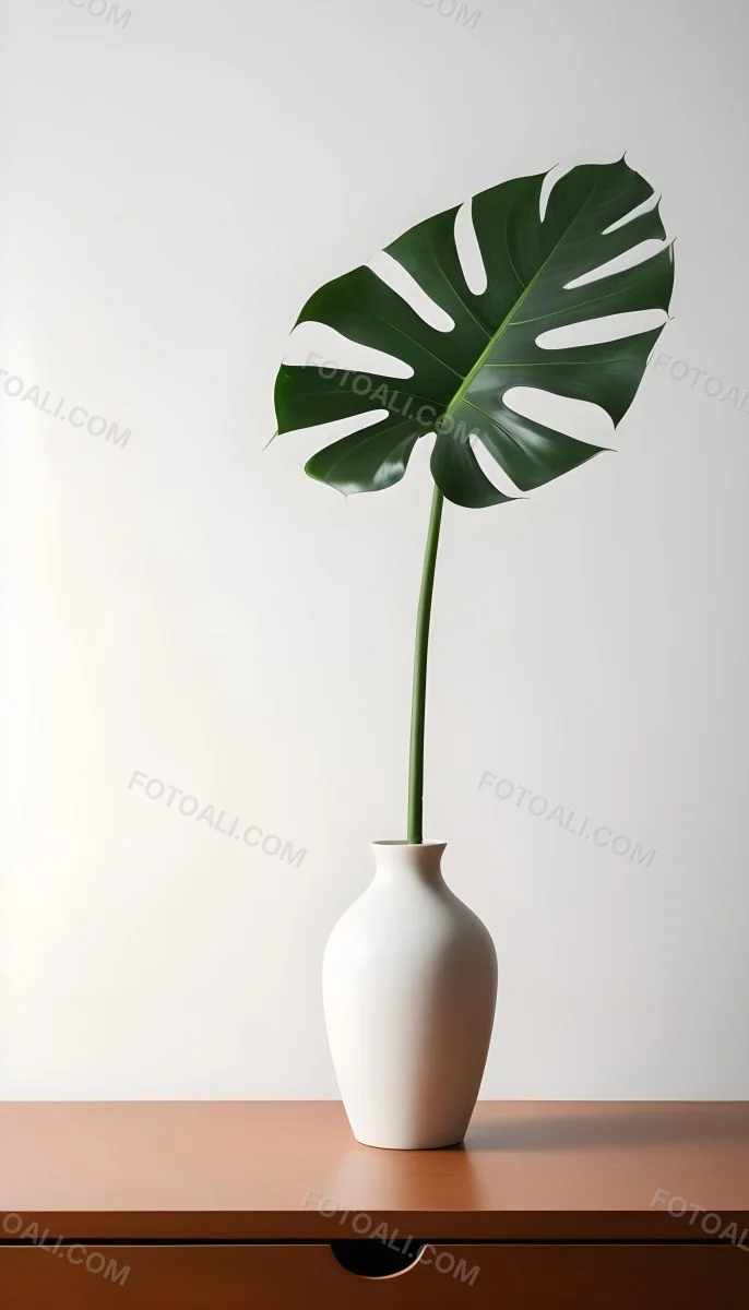 A Monstera Leaf In A White Vase The Background Is A White Wall With A Shadow 18 2b47