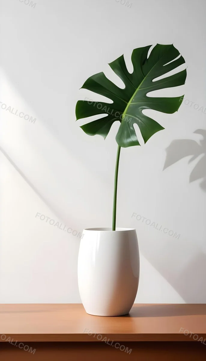 A Monstera Leaf In A White Vase The Background Is A White Wall With A Shadow 2 5c6a
