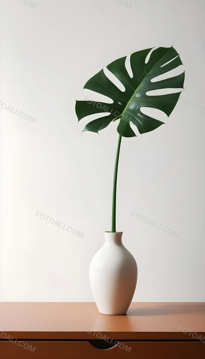 A Monstera Leaf In A White Vase The Background Is A White Wall With A Shadow 21 E3d8