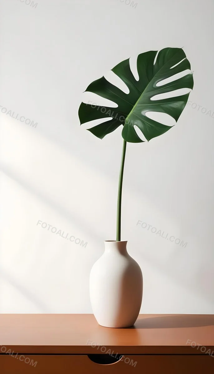 A Monstera Leaf In A White Vase The Background Is A White Wall With A Shadow 23 8e23