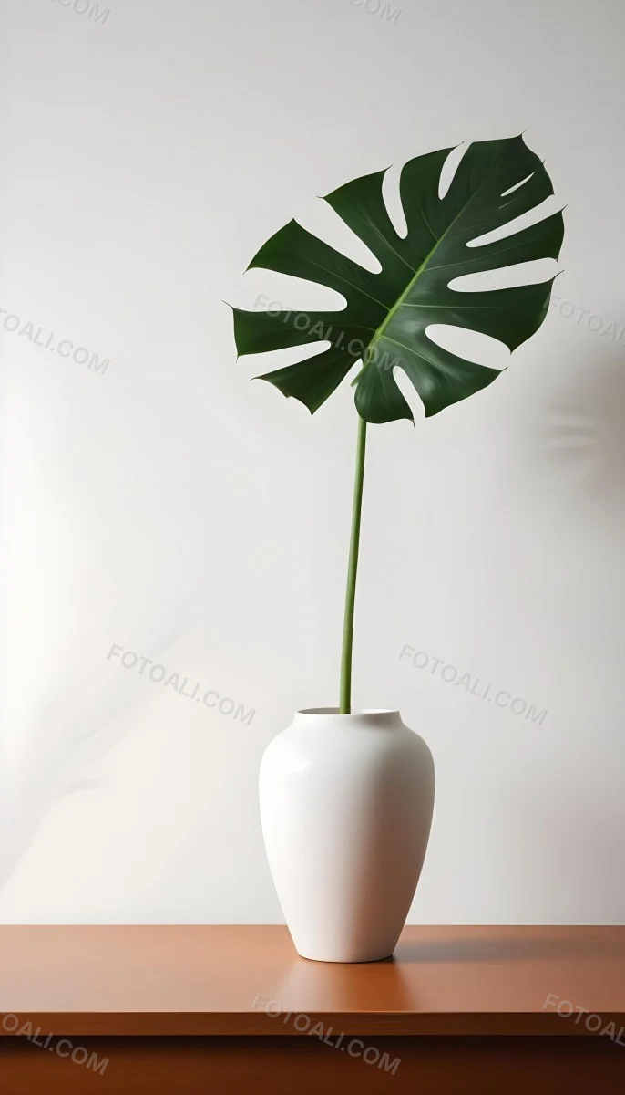 A Monstera Leaf In A White Vase The Background Is A White Wall With A Shadow 27 A2d3