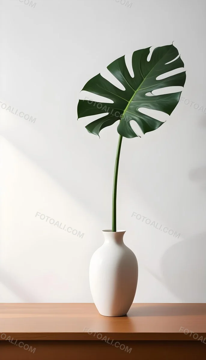 A Monstera Leaf In A White Vase The Background Is A White Wall With A Shadow 30 4517