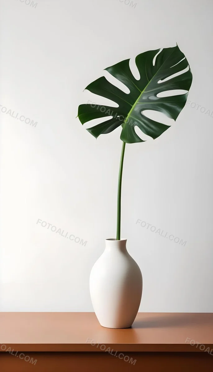 A Monstera Leaf In A White Vase The Background Is A White Wall With A Shadow 31 1d91