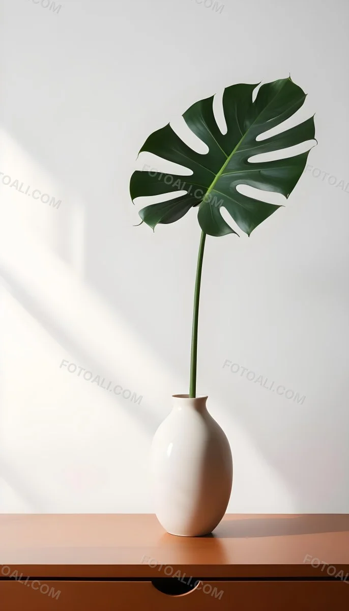 A Monstera Leaf In A White Vase The Background Is A White Wall With A Shadow 7 Ca06