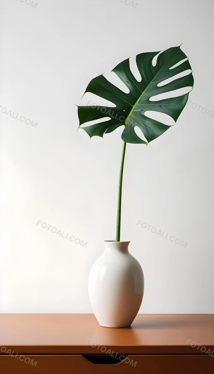 A Monstera Leaf In A White Vase White Background 35 255d