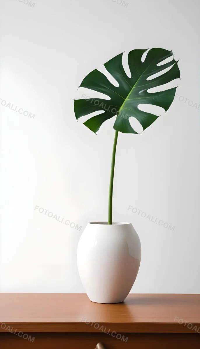 A Monstera Leaf In A White Vase White Background 42 5a71