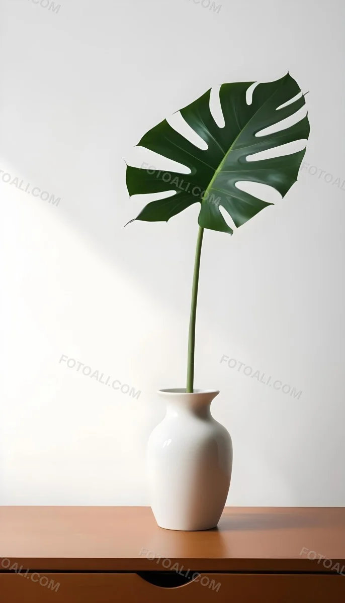 A Monstera Leaf In A White Vase White Background 66 4830