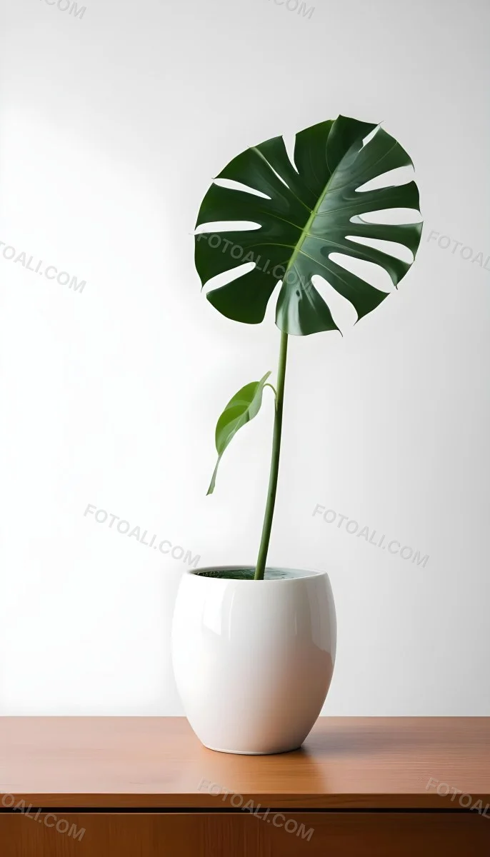 A Monstera Leaf In A White Vase White Background 71 0770
