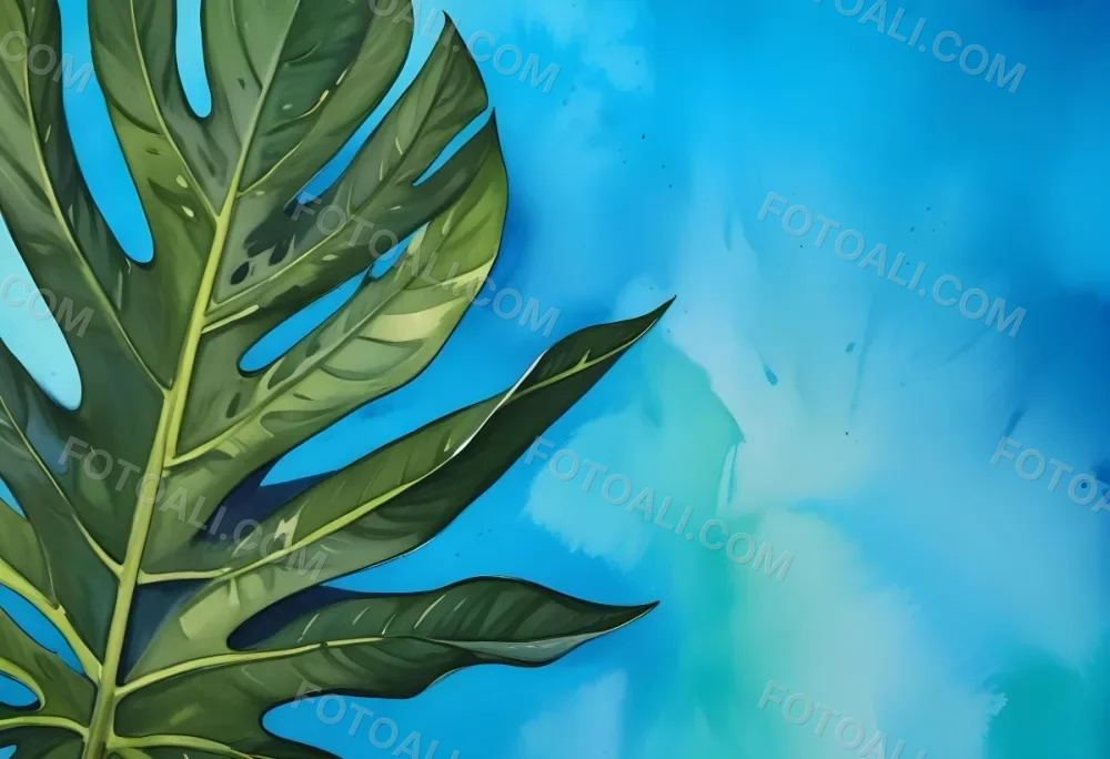 A Monstera Leaf With Vibrant Green Color Showcasing Its Distinctive Fenestrations Set Against A Solid Background Of Bright Blue Color Creating A Striking Contrast 29 8803