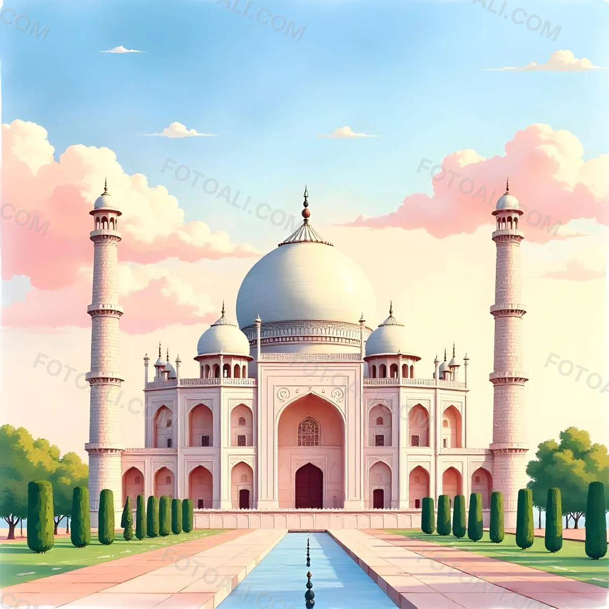 A Mosque With A Large Dome And Minarets Painted In Watercolor Style With A Colorful Sky And Clouds In The Background 1 A1f0