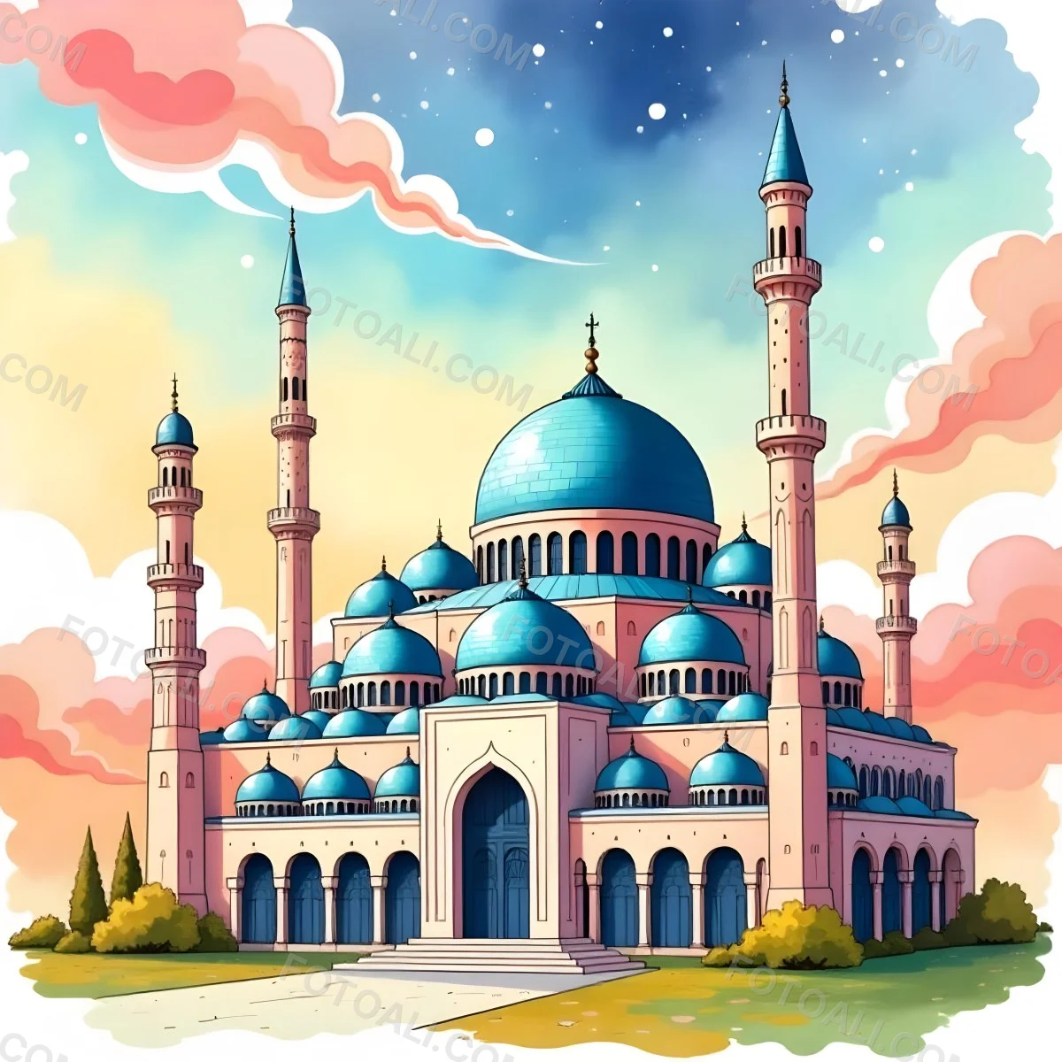A Mosque With A Large Dome And Minarets Painted In Watercolor Style With A Colorful Sky And Clouds In The Background 11 25fa