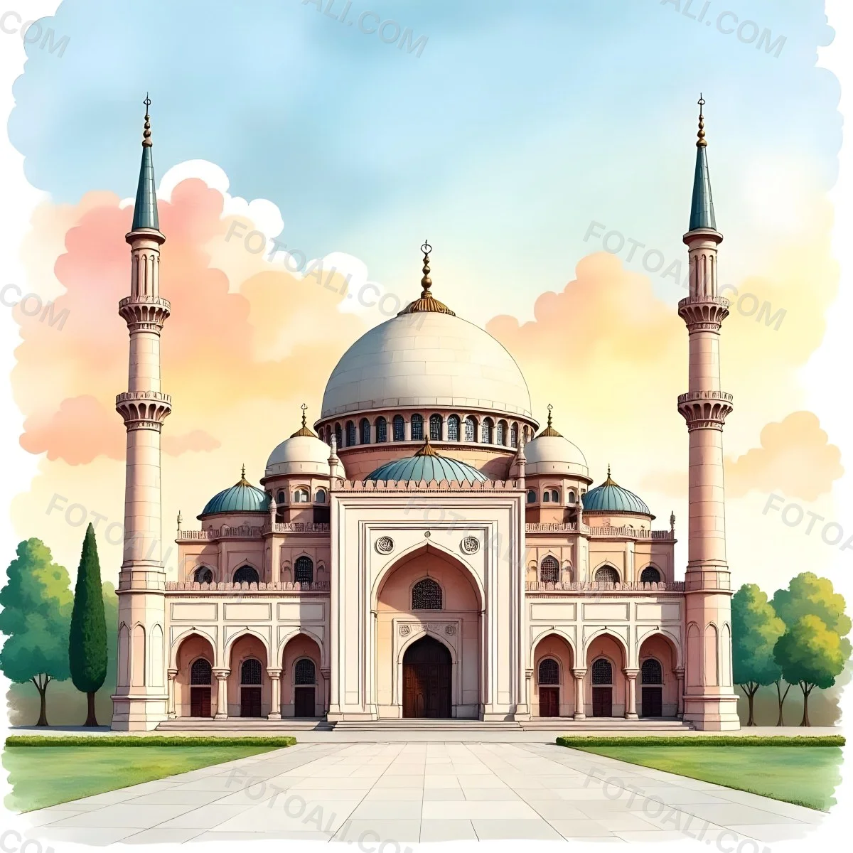 A Mosque With A Large Dome And Minarets Painted In Watercolor Style With A Colorful Sky And Clouds In The Background 14 66af
