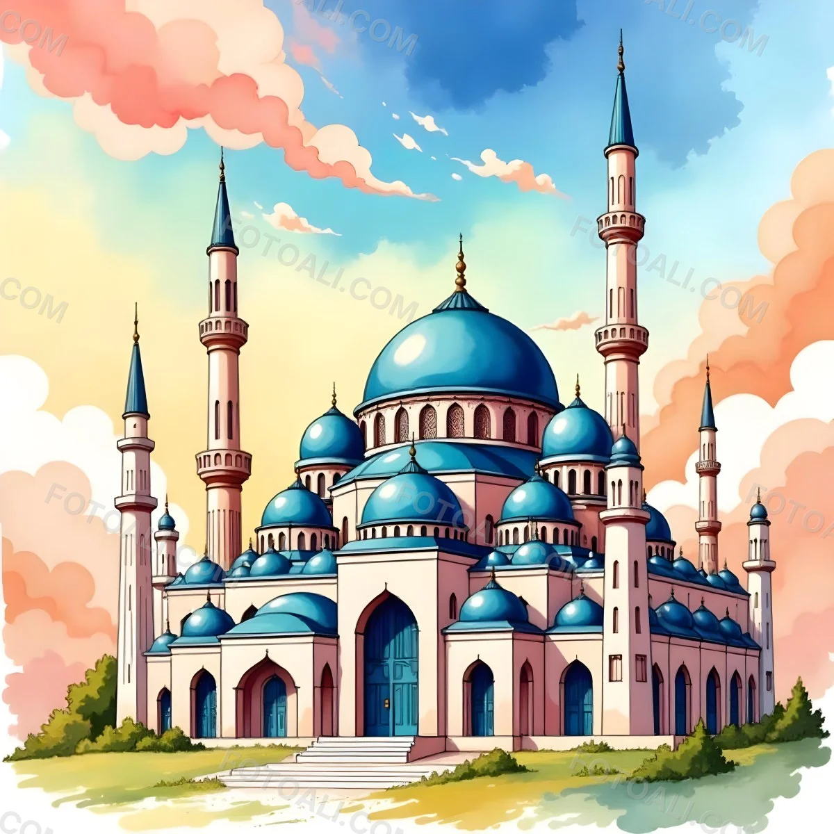A Mosque With A Large Dome And Minarets Painted In Watercolor Style With A Colorful Sky And Clouds In The Background 19 Baf2
