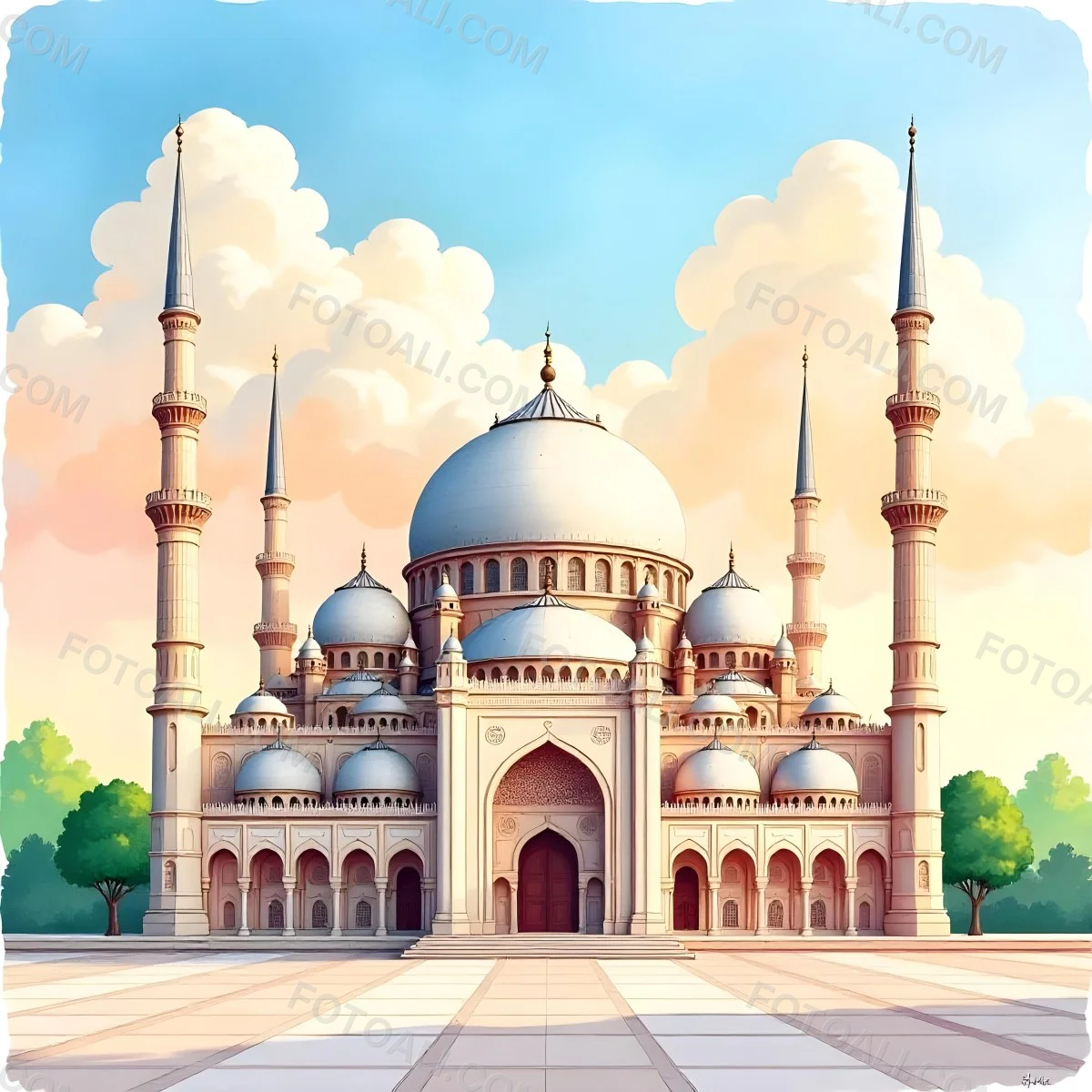 A Mosque With A Large Dome And Minarets Painted In Watercolor Style With A Colorful Sky And Clouds In The Background 2 Dc3f