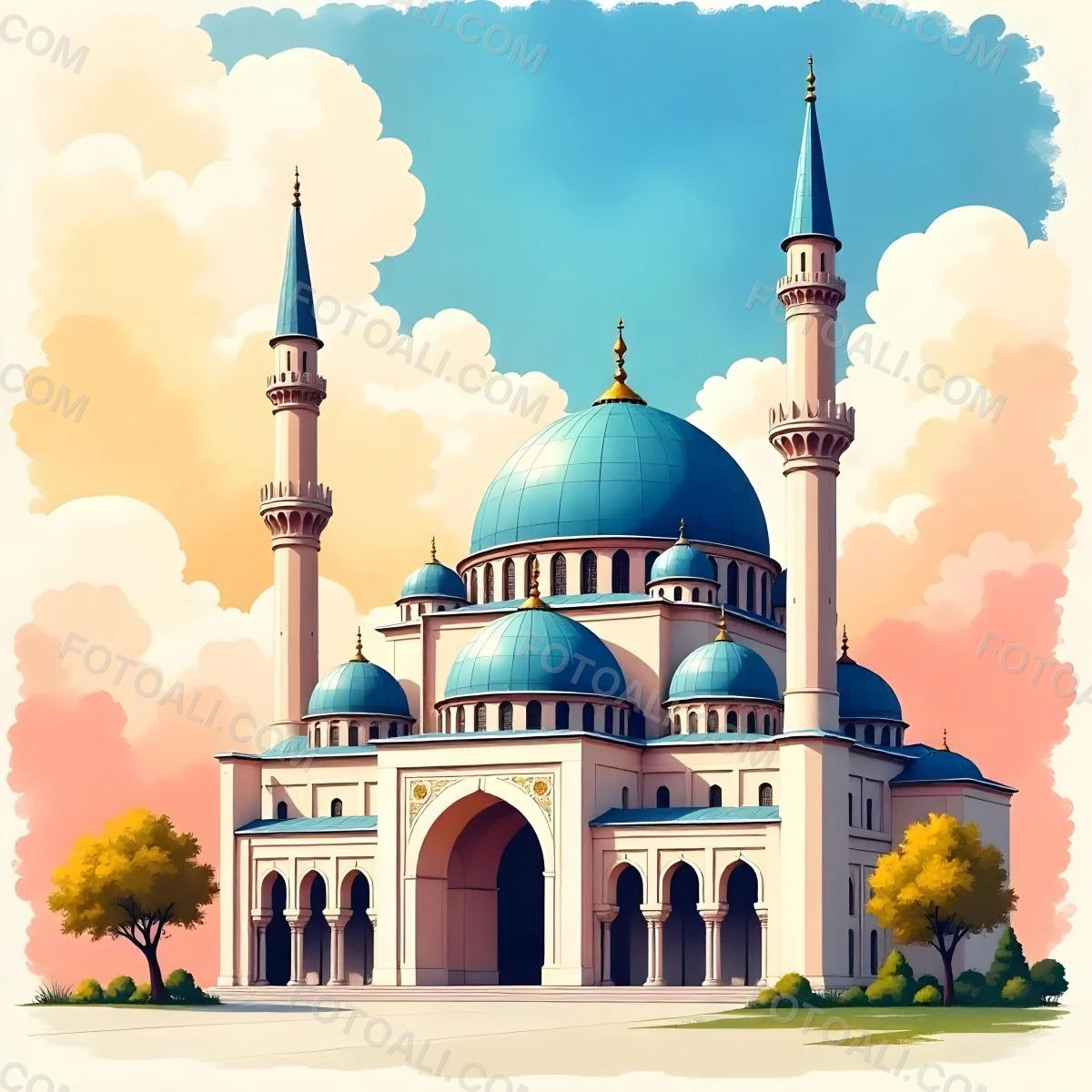 A Mosque With A Large Dome And Minarets Painted In Watercolor Style With A Colorful Sky And Clouds In The Background 21 Aad1
