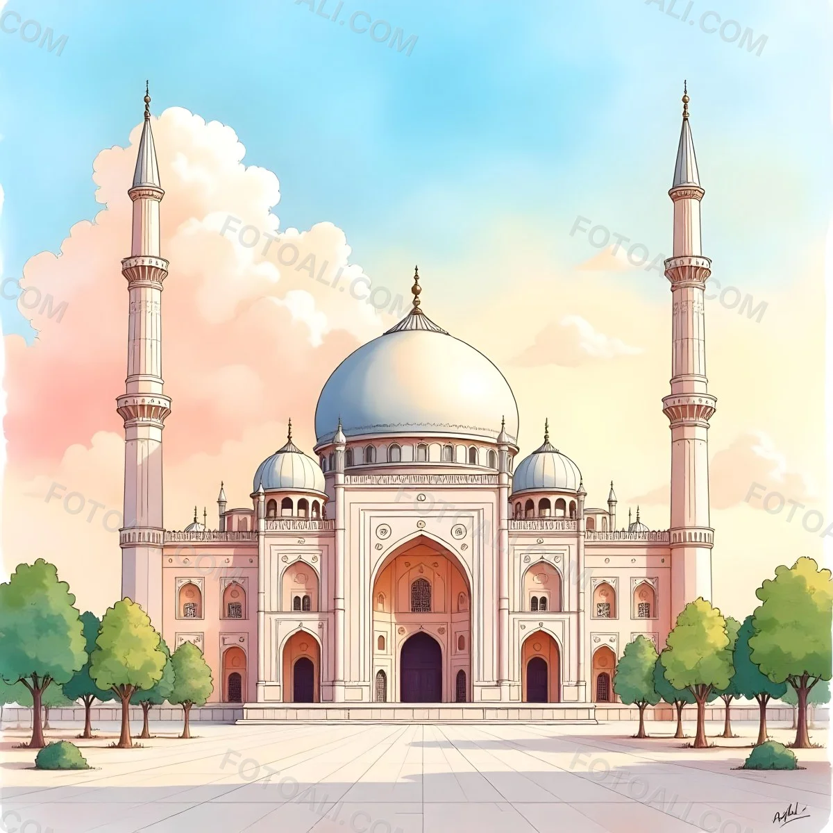 A Mosque With A Large Dome And Minarets Painted In Watercolor Style With A Colorful Sky And Clouds In The Background 3 5d3d