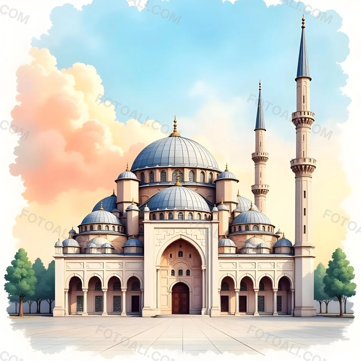 A Mosque With A Large Dome And Minarets Painted In Watercolor Style With A Colorful Sky And Clouds In The Background 5 A193