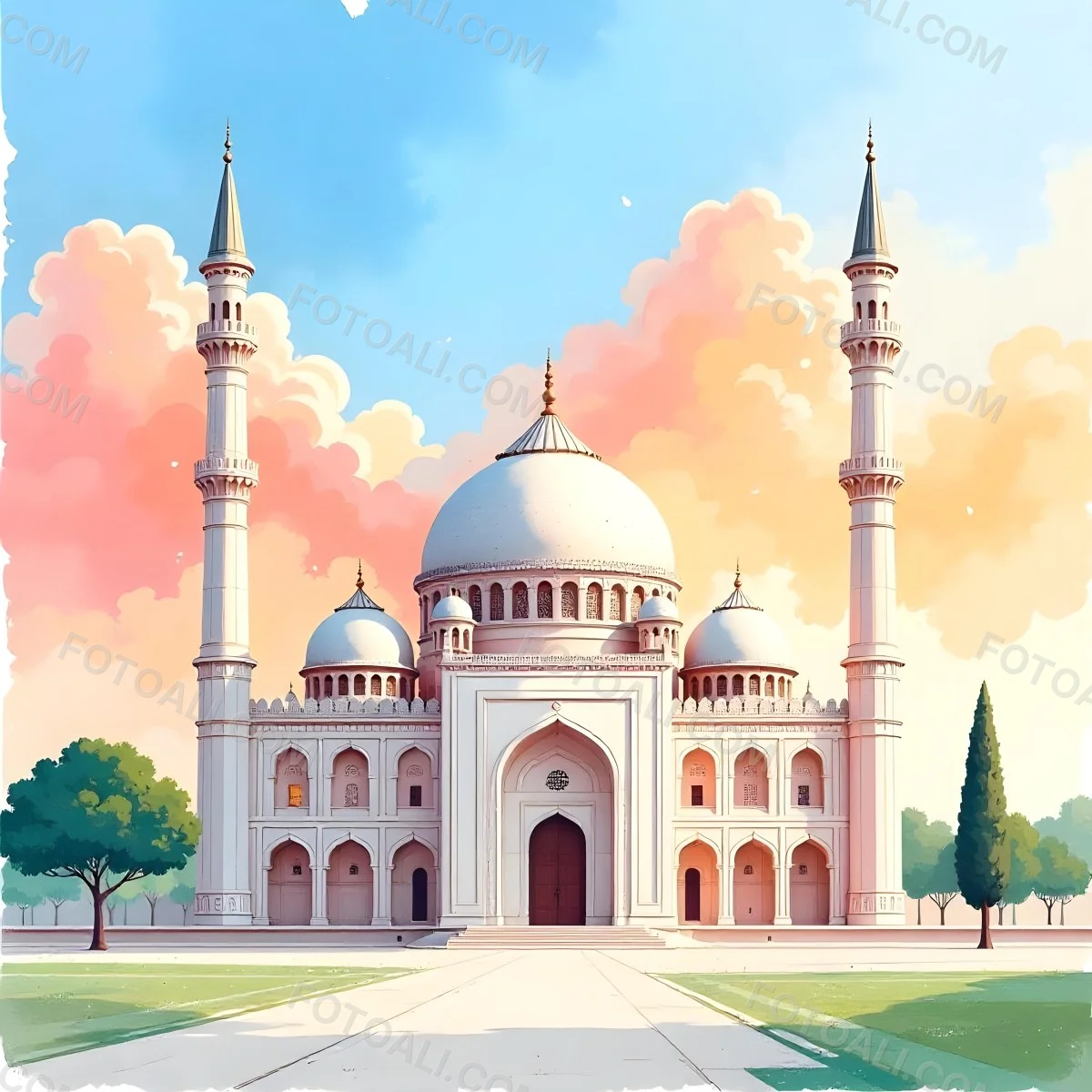 A Mosque With A Large Dome And Minarets Painted In Watercolor Style With A Colorful Sky And Clouds In The Background 6 7c58