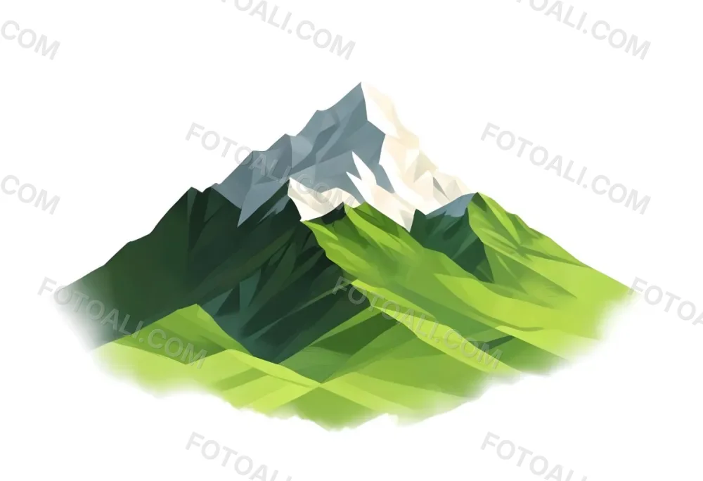 A Mountain With A Snow Covered Peak Surrounded By Green Hills And Fields The Sky Is White The Style Is Simple And Geometric 15 4c78