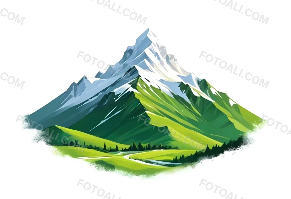 A Mountain With A Snow Covered Peak Surrounded By Green Hills And Fields The Sky Is White The Style Is Simple And Geometric 33 3fd5