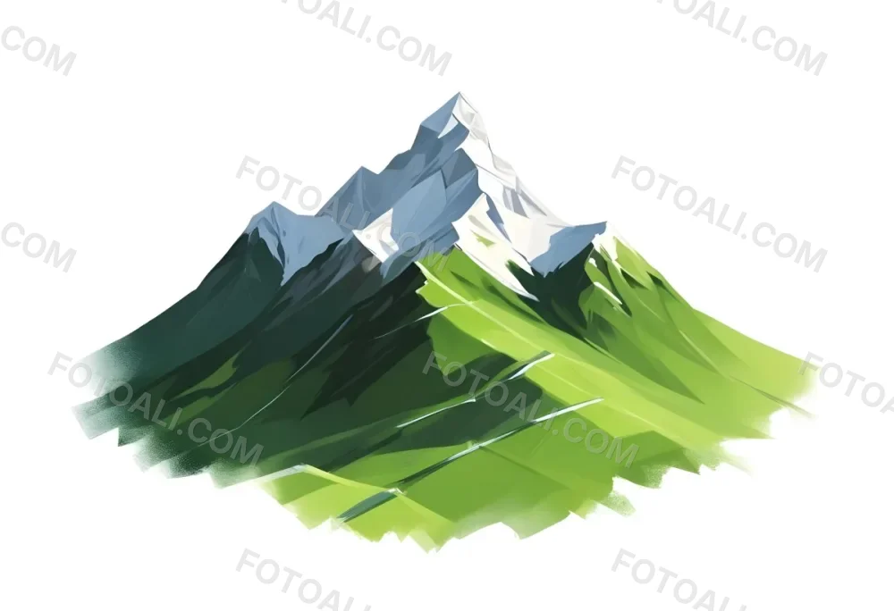 A Mountain With A Snow Covered Peak Surrounded By Green Hills And Fields The Sky Is White The Style Is Simple And Geometric 36 A023