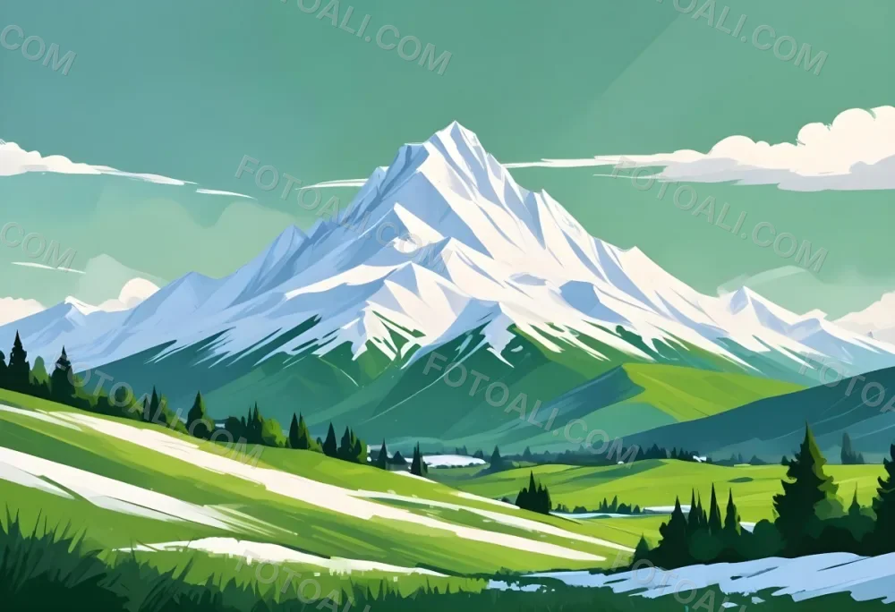 A Mountain With A Snow Covered Peak Surrounded By Green Hills And Fields The Sky Is White The Style Is Simple And Geometric 4 8ae7