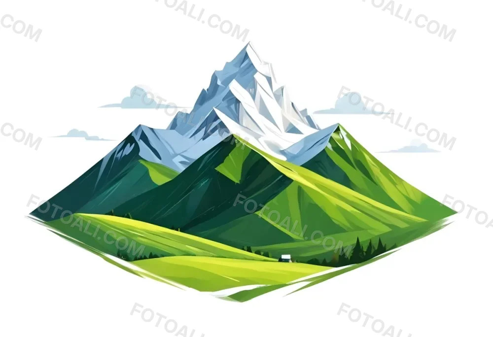 A Mountain With A Snow Covered Peak Surrounded By Green Hills And Fields The Sky Is White The Style Is Simple And Geometric 45 5297