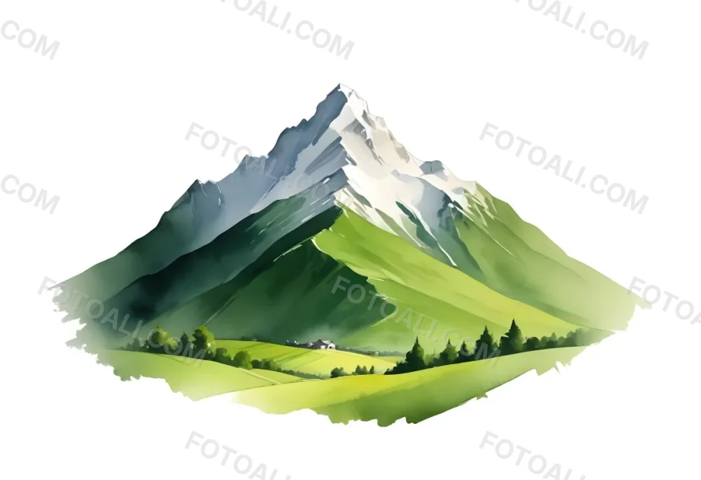 A Mountain With A Snow Covered Peak Surrounded By Green Hills And Fields The Sky Is White The Style Is Simple And Geometric 58 2335