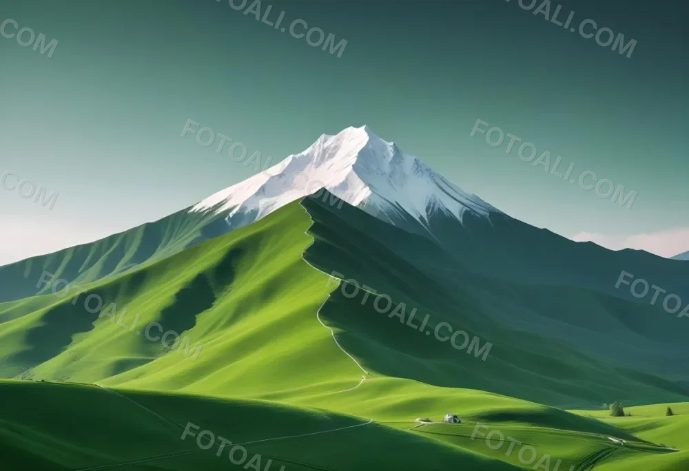 A Mountain With A Snow Covered Peak Surrounded By Green Hills And Fields The Sky Is White The Style Is Simple And Geometric 70 7a18