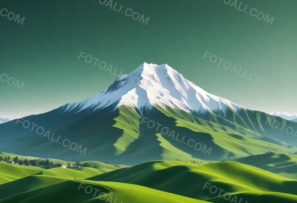 A Mountain With A Snow Covered Peak Surrounded By Green Hills And Fields The Sky Is White The Style Is Simple And Geometric 71 F549