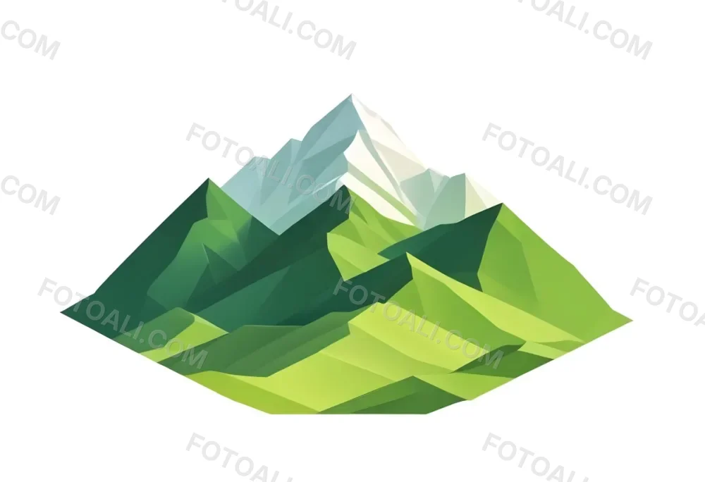A Mountain With A Snow Covered Peak Surrounded By Green Hills And Fields The Sky Is White The Style Is Simple And Geometric 72 74a4