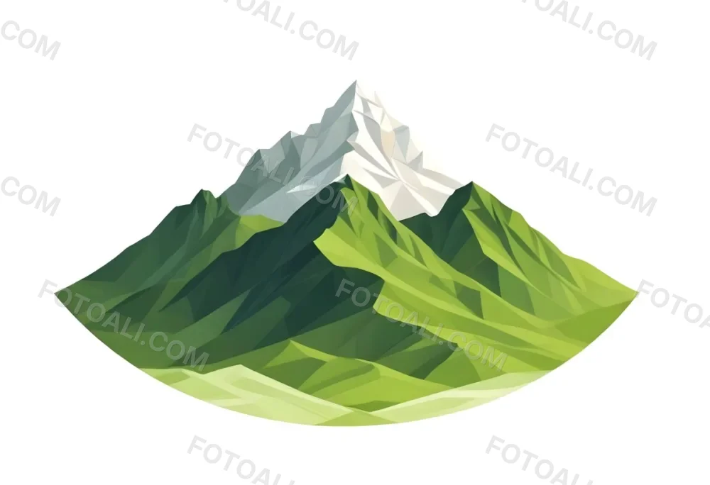 A Mountain With A Snow Covered Peak Surrounded By Green Hills And Fields The Sky Is White The Style Is Simple And Geometric 73 7496