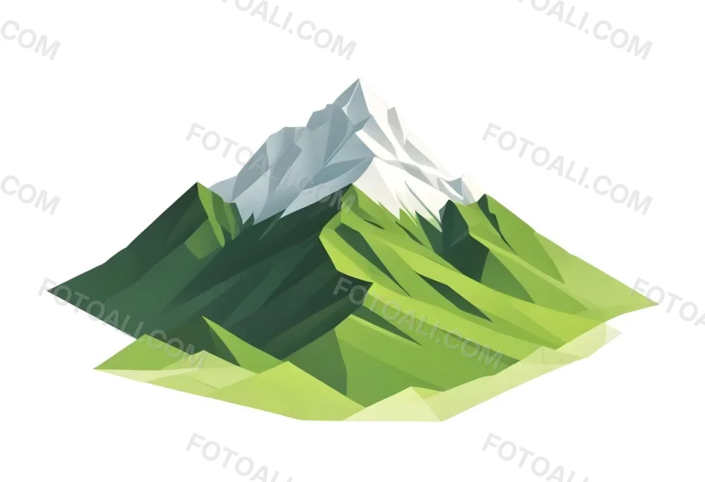 A Mountain With A Snow Covered Peak Surrounded By Green Hills And Fields The Sky Is White The Style Is Simple And Geometric 74 836a