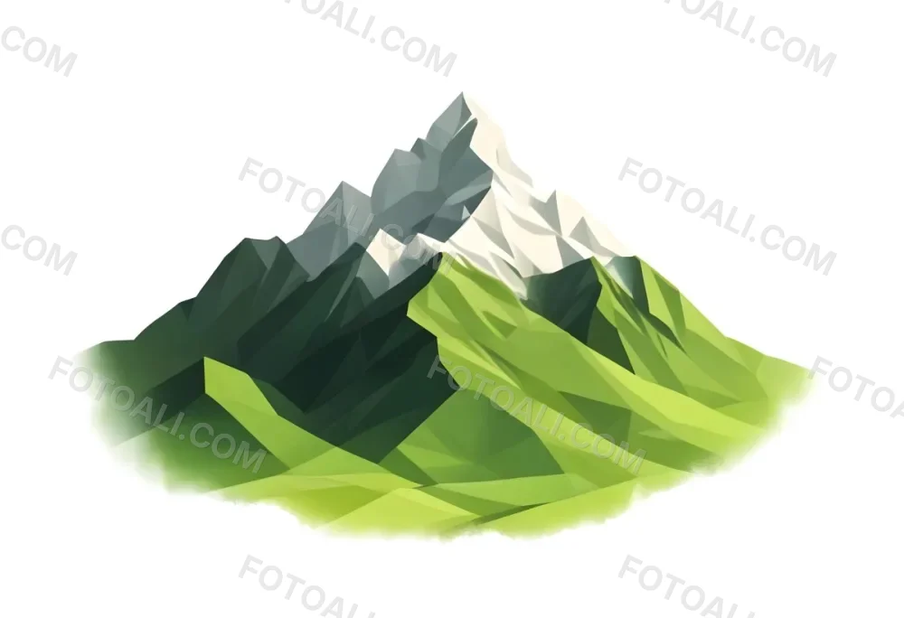 A Mountain With A Snow Covered Peak Surrounded By Green Hills And Fields The Sky Is White The Style Is Simple And Geometric 76 B2a0