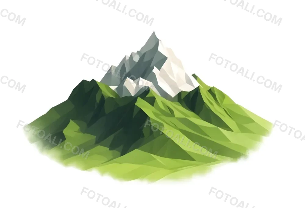 A Mountain With A Snow Covered Peak Surrounded By Green Hills And Fields The Sky Is White The Style Is Simple And Geometric 79 E8d8