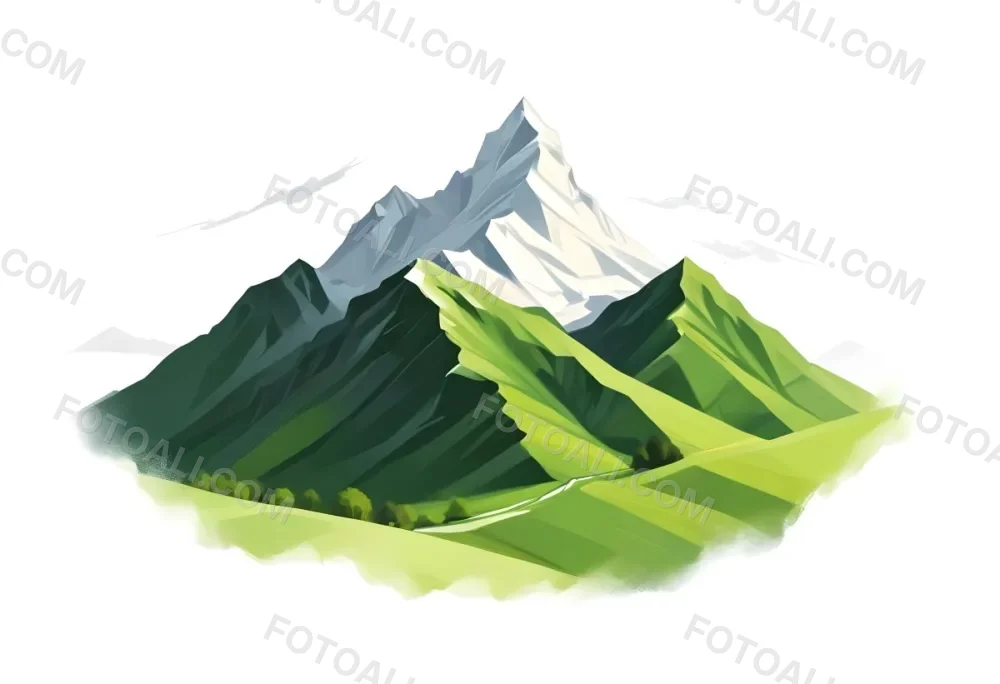 A Mountain With A Snow Covered Peak Surrounded By Green Hills And Fields The Sky Is White The Style Is Simple And Geometric 9 5bd7