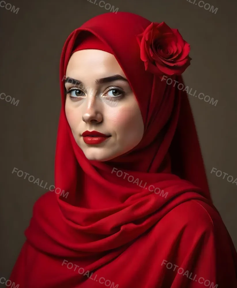 A Muslim Woman 22 Years Old Light Skin With A Red Hijab And A Red Rose On The Side Studio Shot 11 4aee