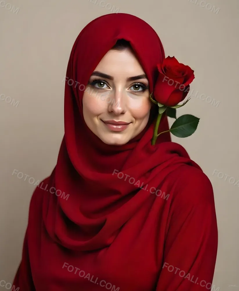 A Muslim Woman 22 Years Old Light Skin With A Red Hijab And A Red Rose On The Side Studio Shot 13 2d19
