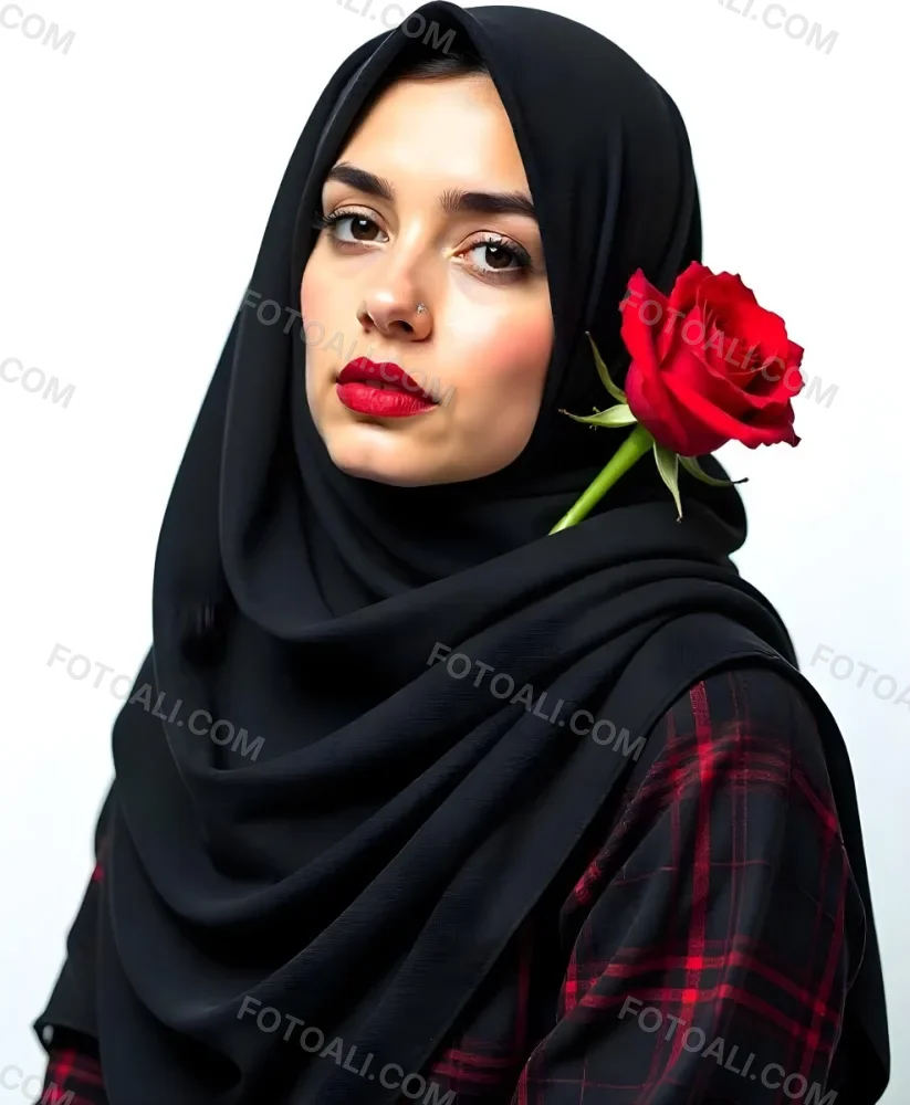 A Muslim Woman 22 Years Old Light Skin With A Red Hijab And A Red Rose On The Side Studio Shot 18 831d