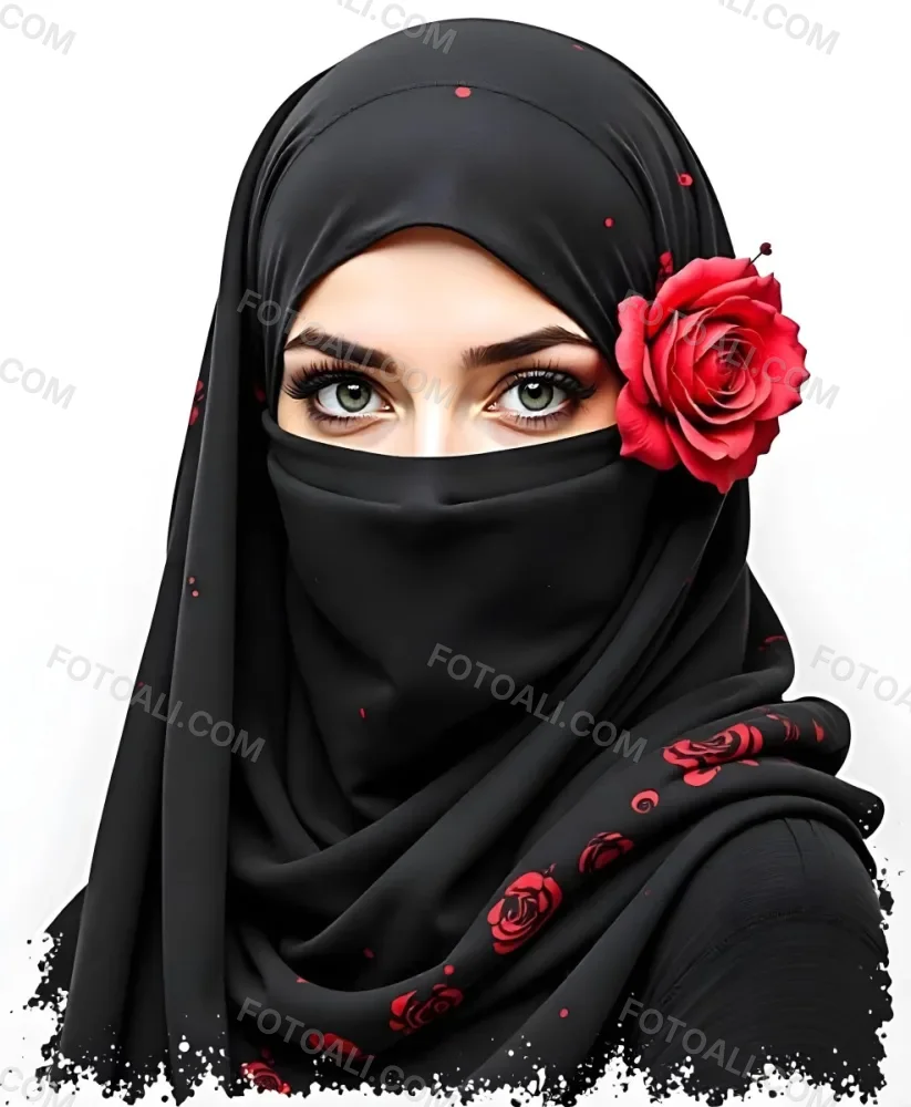 A Muslim Woman 22 Years Old Light Skin With A Red Hijab And A Red Rose On The Side Studio Shot 2 9024