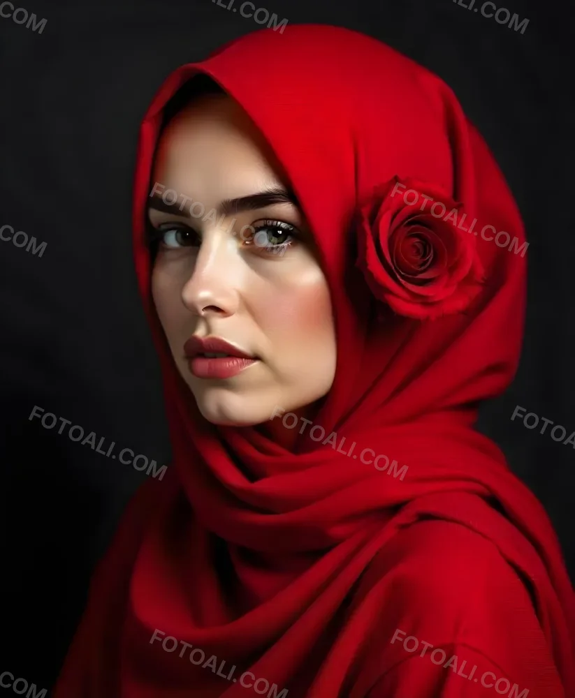 A Muslim Woman 22 Years Old Light Skin With A Red Hijab And A Red Rose On The Side Studio Shot 21 51bb