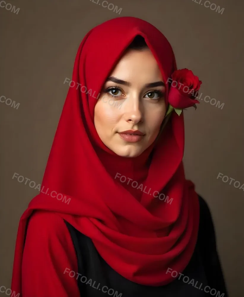 A Muslim Woman 22 Years Old Light Skin With A Red Hijab And A Red Rose On The Side Studio Shot 22 Be12