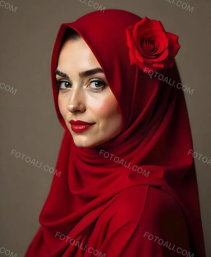 A Muslim Woman 22 Years Old Light Skin With A Red Hijab And A Red Rose On The Side Studio Shot 23 37e5