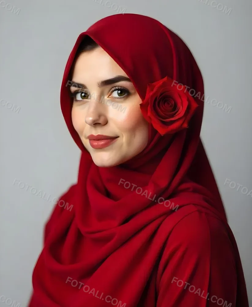 A Muslim Woman 22 Years Old Light Skin With A Red Hijab And A Red Rose On The Side Studio Shot 3 3c63