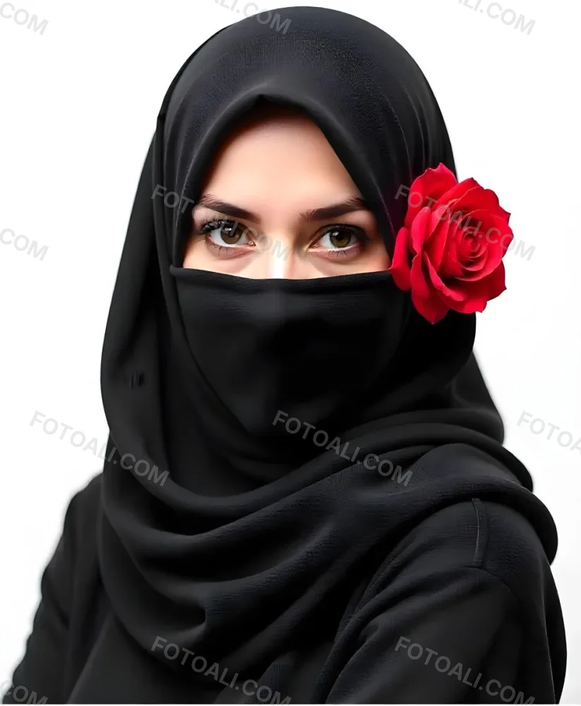 A Muslim Woman 22 Years Old Light Skin With A Red Hijab And A Red Rose On The Side Studio Shot 7 A148