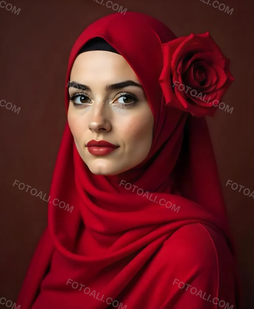 A Muslim Woman 22 Years Old Light Skin With A Red Hijab And A Red Rose On The Side Studio Shot 9 618f