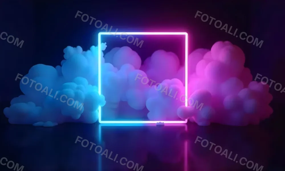 A Neon Square With Blue And Pink Lights Surrounded By Smoke In A Dark Room With A Reflective Floor 30 B083