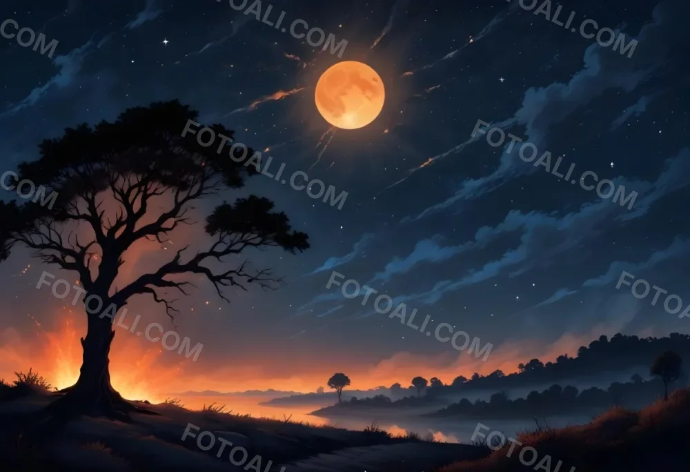A Night Scene Featuring A Bright Moon On The Left Side Illuminating A Landscape With A Line Of Flames In The Distance The Sky Is Dark Blue Dotted With Stars While The Area Near The Flames Glows Orange A Silhouette Of A 1 1b1e