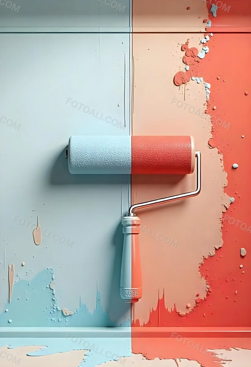 A Paint Roller With Half Blue And Half Red On A Wall With Half Blue And Half Red Paint 15 A4df